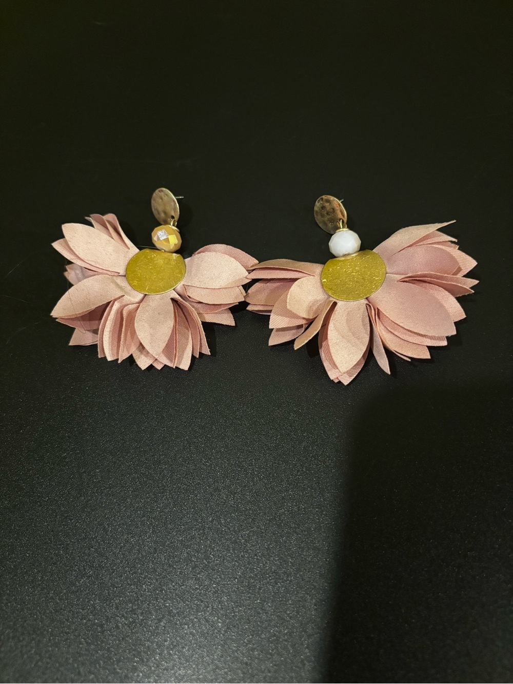 Pink Floral Drop Earrings with Gold Accents